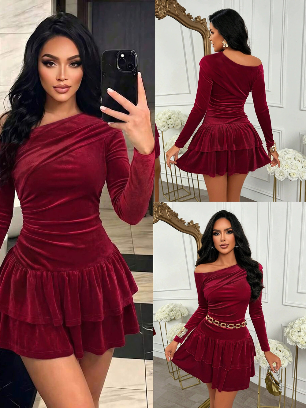 ZARA Velvet One Shoulder Dress Waist Slimming Double Ruffle Hem Long Sleeve Mini